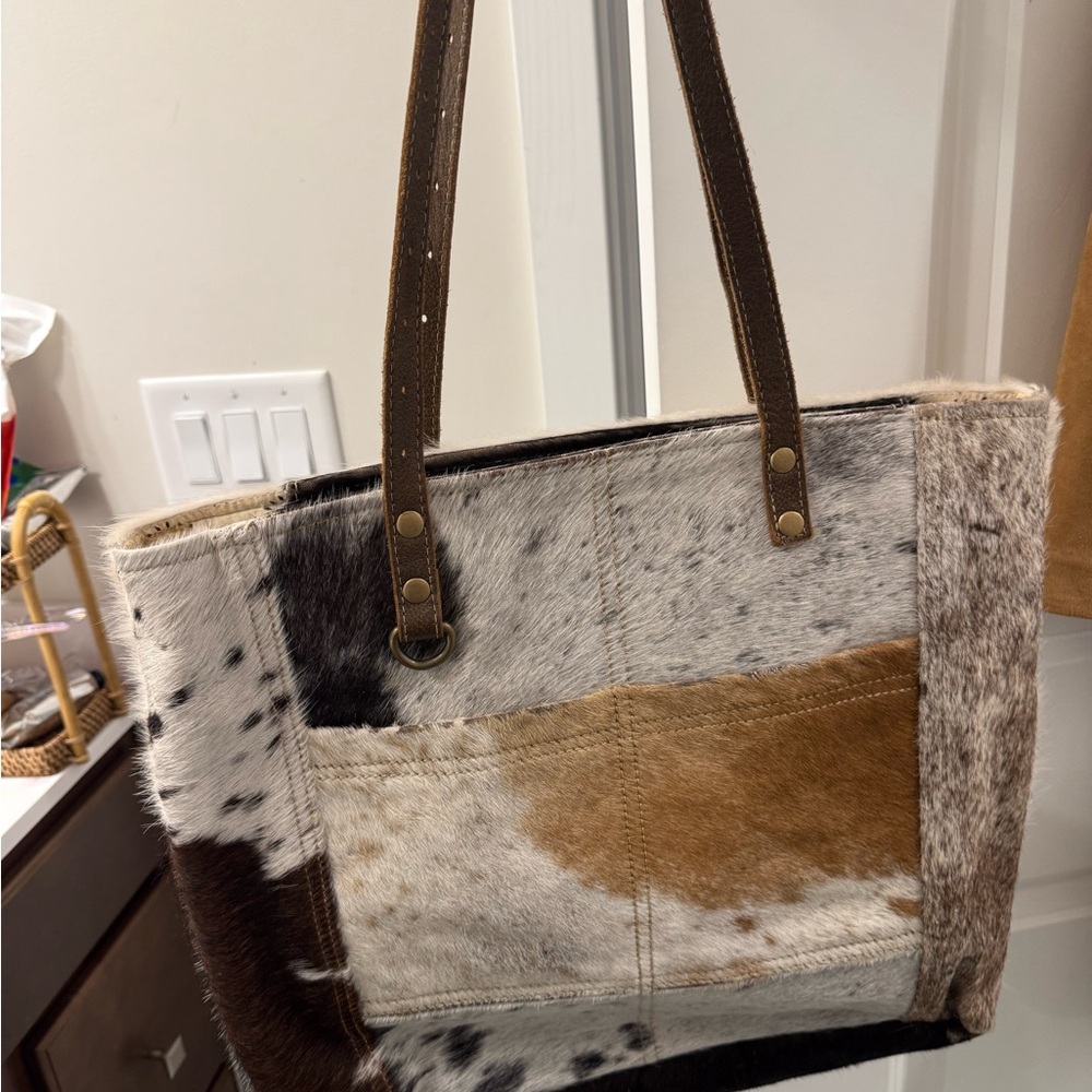 Myra Bag Cowhide Tote - Brown, Black, and White